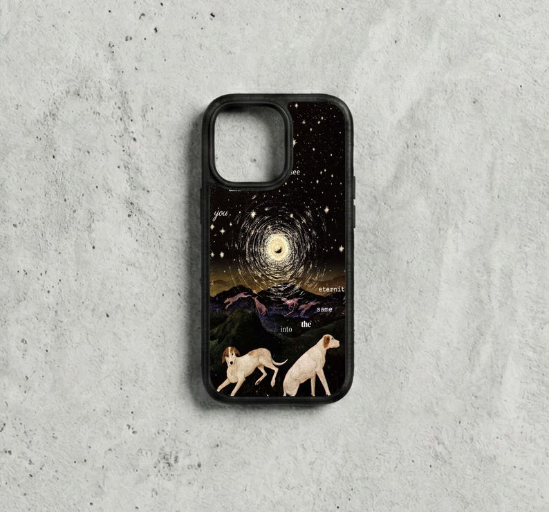 May include: Black phone case with a celestial design. It features a starry night sky, a bright moon, and two dogs. The case has text that reads "you see eternity same into the".