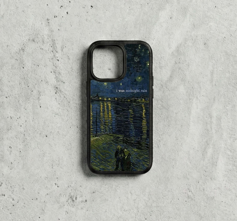 May include: Black phone case with a starry night design, river, and figures in the style of Van Gogh. The text "i was midnight rain" is printed on the case. The case has a black border.