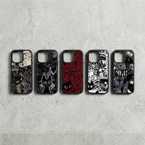 May include: Five black phone cases with unique designs. The cases feature various graphics, including a black cat, stars, and manga-style illustrations in black, white, and red. The cases are displayed against a neutral gray background.