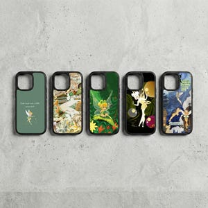 May include: Five phone cases with fairy-themed designs. The cases feature images of fairies, floral patterns, and text. The cases are in various colors, including green, black, and a collage of colors. The cases are displayed on a gray surface.