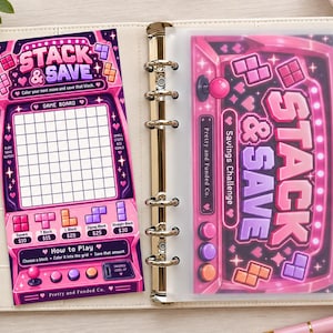 May include: A pink arcade-themed savings challenge tracker featuring the text STACK & SAVE. The left side shows a grid game board with block values, while the right side is a matching translucent cover with the text Pretty and Funded Co.