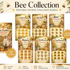 Könnte beinhalten: Ein druckbares Spar-Challenge-Set der Bee Collection mit sieben rechteckigen Karten im Gartendesign. Jede Karte zeigt Illustrationen von Bienenstöcken, Honigtöpfen, Sonnenblumen und Wildblumen mit Texten wie Honeycomb Fund, Bee Hive Fund, Bee Happy Savings, Honey Pot Fund, Wildflower Savings und Sunflower Savings.