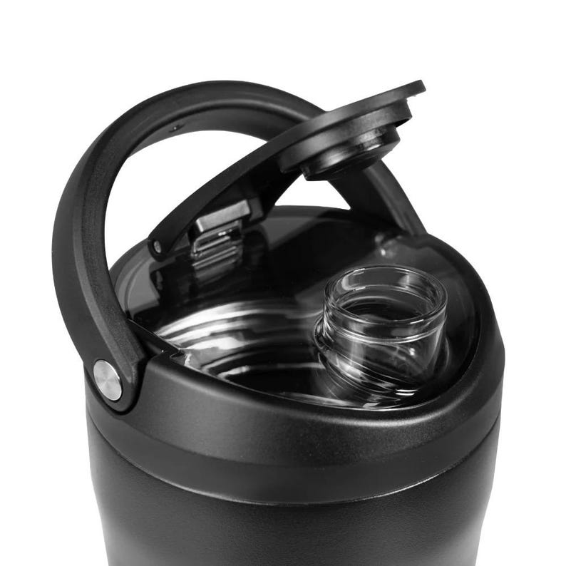 May include: Black insulated water bottle with a black handle and a clear glass drinking spout. The lid is open, revealing the interior. The bottle is designed to keep beverages cold or hot. The bottle is made of stainless steel.