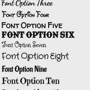May include: A light gray background displays twelve different font options in black. Each font option is labeled with the text "Font Option" followed by a number. The fonts vary in style, from simple to decorative.
