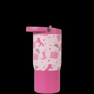 May include: A pink insulated tumbler with a matching lid and base. The body of the tumbler is covered in a pattern of pink horses, cowboy boots, stars, and the word "HOWDY" in white. The tumbler has a flip-top lid.