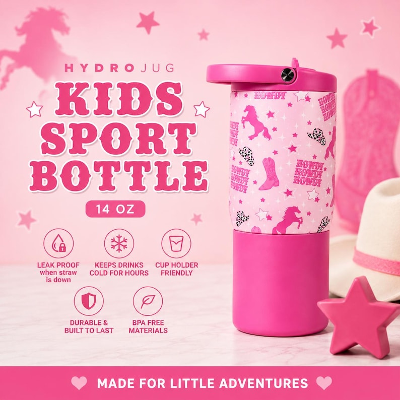 May include: Pink Hydro Jug kids sport bottle with a cowboy theme. The bottle has a pink lid and base, with a white center patterned with pink horses, stars, and cowboy boots. The text "KIDS SPORT BOTTLE" is displayed in pink. It holds 14 oz.