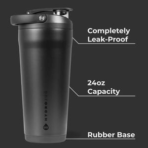 May include: Black HydroJug water bottle with a 24oz capacity, featuring a rubber base and a leak-proof design. The bottle has the text "HYDROJUG" printed on the side.