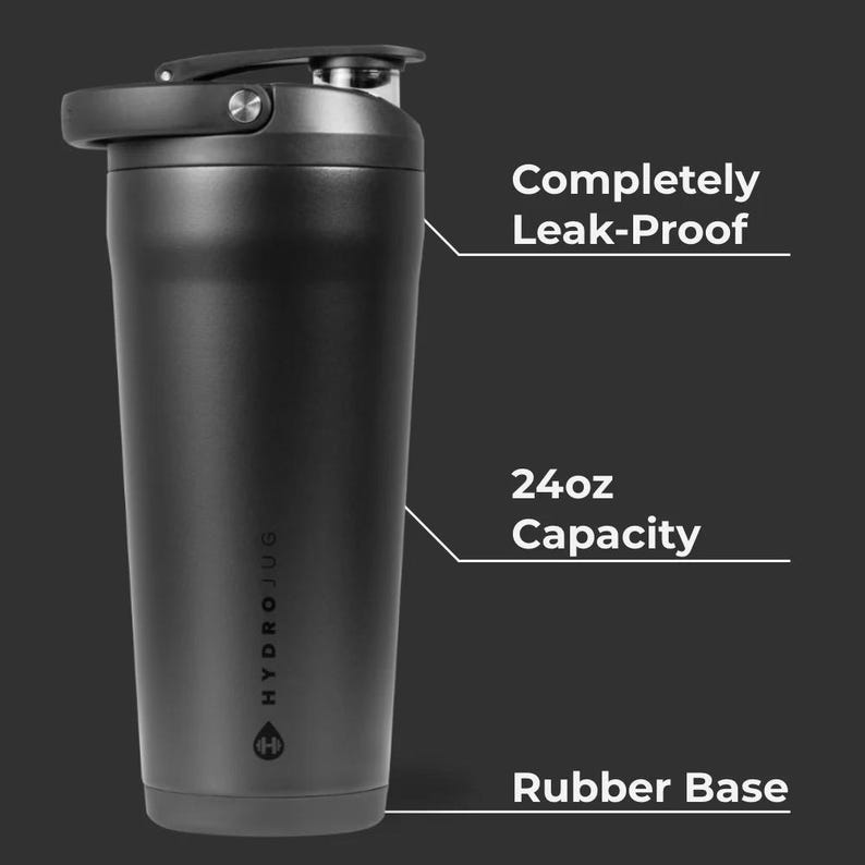 May include: Black HydroJug water bottle with a 24oz capacity, featuring a rubber base and a leak-proof design. The bottle has the text "HYDROJUG" printed on the side.