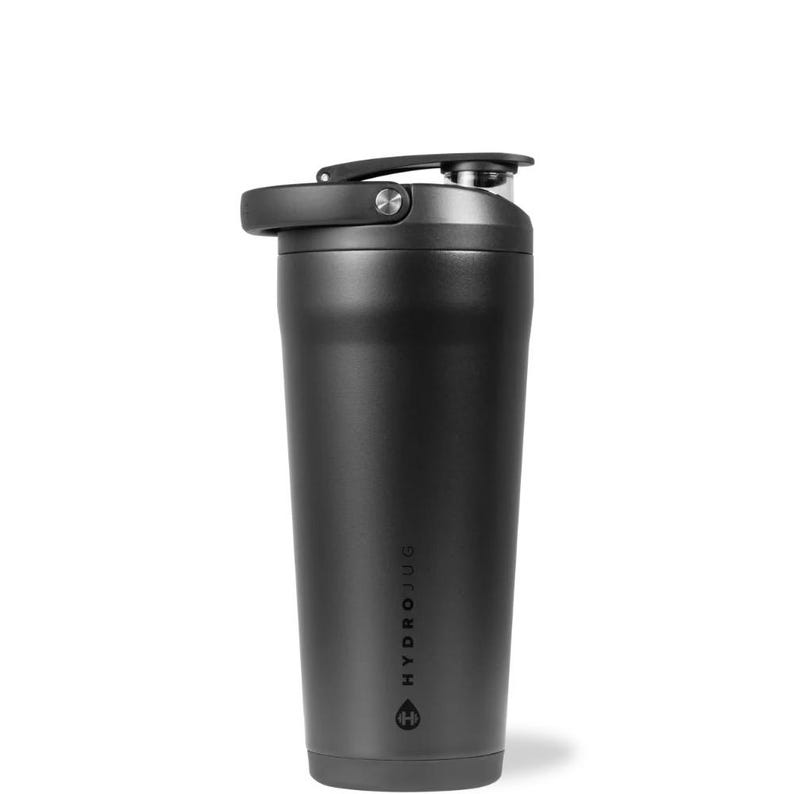 May include: A black HYDROJUG water bottle with a flip-top lid. The bottle is cylindrical with a matte finish and the brand name is printed vertically on the side. The lid is black with a silver button. The bottle is designed for hydration.