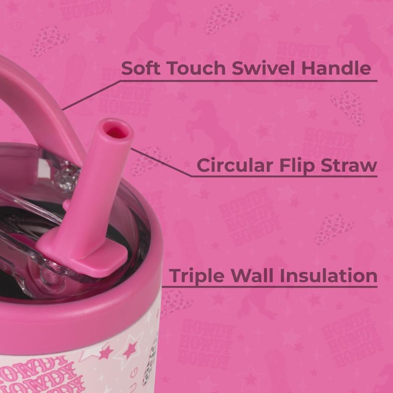 May include: Pink and white insulated tumbler with a soft-touch swivel handle and circular flip straw. The tumbler features triple-wall insulation and the text "HOWDY BONDI".