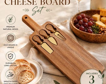 Personalized Cheese Board Set with Magnetic Cheese Knives | Custom Engraved Charcuterie Board | Housewarming Gift | Serving Board