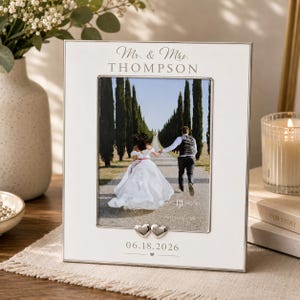Personalized Wedding Photo Frame | Custom Engraved Names, Date | White Enamel, 5x7 Photo