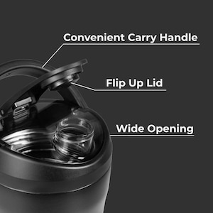 May include: Close-up of a black water bottle with a convenient carry handle and a flip-up lid. The bottle has a wide opening for easy filling and cleaning. The image highlights the bottle's features against a dark background.