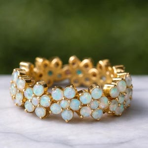 Opal Eternity Band Ring 14K Yellow Gold Floral Full Eternity Wedding Stacking Anniversary Gift for Her