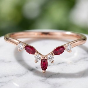 Red Ruby V Shape Ring Gold | Marquise Ruby Diamond Band | July Birthstone Jewelry | Dainty Stacking Promise Ring for Her