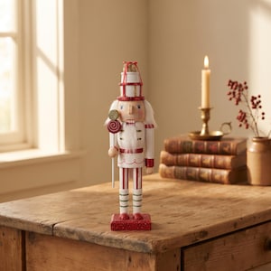 Wooden Nutcracker Soldier, 28cm Christmas Guard Decoration with Tall Hat and Lolly Sword