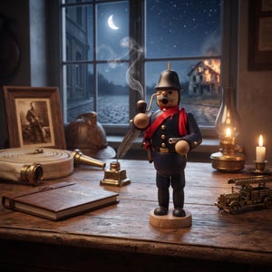 May include: A wooden nutcracker figure dressed in a dark blue uniform with a red sash and a black helmet, holding a pipe with rising smoke. The figure stands on a wooden base, positioned near a small metal toy fire truck and an inkwell.