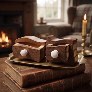 May include: Two small, handcrafted wooden boxes with wavy, organic shapes and dark wood grain patterns. Each box features a single, round, white knob on the front drawer. The boxes are positioned together on a rectangular brass tray.