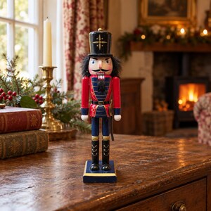 Wooden Nutcracker Soldier, 30cm Christmas Guard Decoration with Tall Hat and Sword