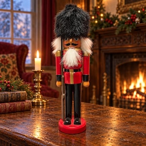 Wooden Nutcracker Soldier, 35cm Christmas Guard Decoration with Fur Hat and Rifle