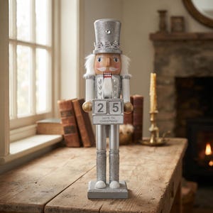 Silver Nutcracker Christmas Countdown, 30cm Soldier with Number Blocks