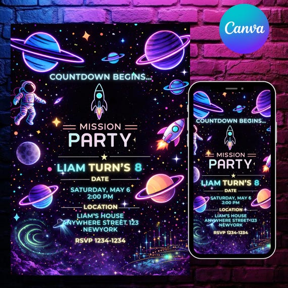 Neon Space Birthday Invitation Template, Editable Canva Galaxy Party Invite, DIY text, instant download