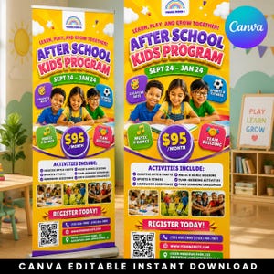 After School Program Banner Template, Vertical ,Editable Canva School Welcome Sign, Kids Club Camp Event Poster