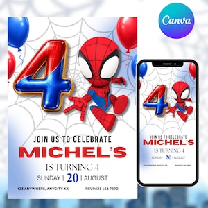 Editable 4th Spidey Birthday Invitation, Superhero Kids Party Invite,  Canva Template,  DIY text, instant download