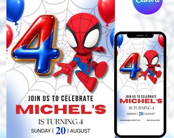Editable 4th Spidey Birthday Invitation, Superhero Kids Party Invite,  Canva Template,  DIY text, instant download