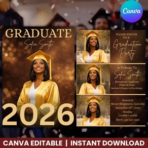 May include: A graduation party invitation with a gold and brown color scheme. The invitation features the graduate, Sofia Smith, in a gold graduation gown and cap. The year 2026 is prominently displayed. The invitation includes details for the graduation party.