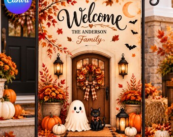 Bandera de bienvenida de Halloween personalizada, letrero personalizado de familia de fantasmas para el jardín, decoración de otoño para el porche, descarga digital.