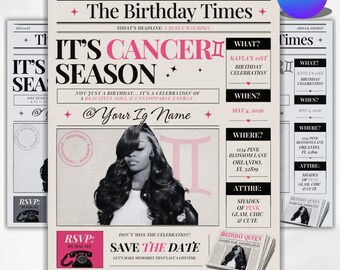 Plantilla de folleto de periódico de cumpleaños para personas con cáncer, itinerario de cumpleaños personalizado, invitación digital de Canva, texto personalizable, editable.