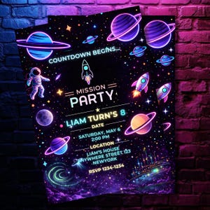 Neon Space Birthday Invitation Template, Editable Canva Galaxy Party Invite, DIY text, instant download