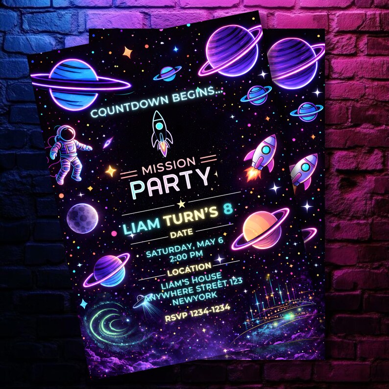 Neon Space Birthday Invitation Template, Editable Canva Galaxy Party Invite, DIY text, instant download