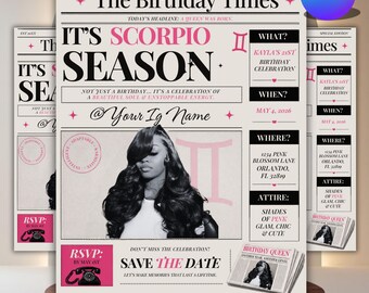 Mall för tidningsflyer för Skorpionens födelsedag, anpassad födelsedagsresplan, redigerbar Canva-födelsedagsinbjudan, digital nedladdning