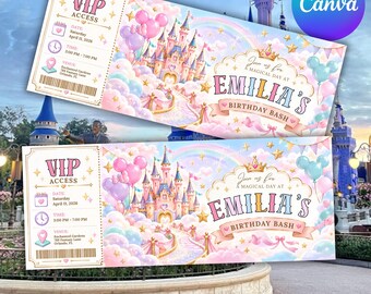 Invitación editable con forma de entrada a un parque temático, invitación de cumpleaños con forma de entrada, boleto para reservar la fecha, plantilla mágica de Canva para fiestas de cumpleaños.