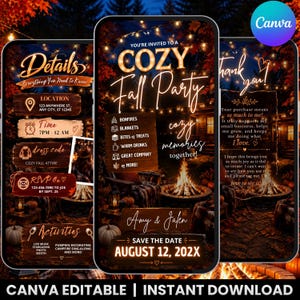 May include: A digital invitation template for a fall party featuring a bonfire, string lights, and autumn leaves. The text includes details for location, time, dress code, RSVP, and activities, with placeholders for names and the date August 12, 202X.
