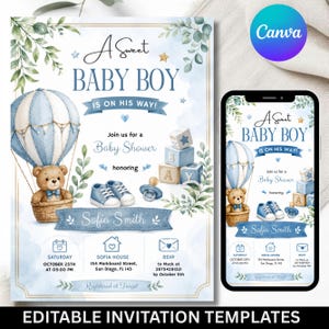 May include: A baby shower invitation template featuring a watercolor illustration of a teddy bear in a blue and white hot air balloon, blue baby shoes, a pacifier, and alphabet blocks. The text reads A Sweet BABY BOY IS ON HIS WAY!