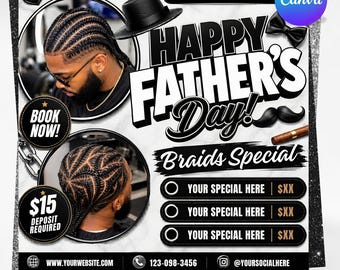 Flyer med flätor för fars dag, specialerbjudanden på barberare och klippning, öppna sommartider, gör-det-själv-text, direktnedladdning