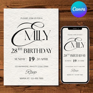 Peut inclure: Une invitation d'anniversaire pour "Emily" avec une typographie élégante. L'invitation comprend la date, l'heure et les détails RSVP. Un smartphone affiche la même invitation. Le fond est blanc cassé texturé.