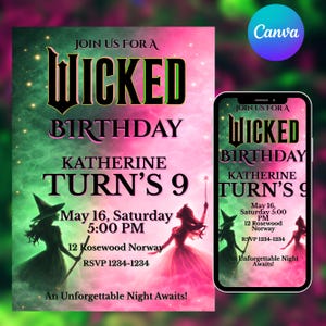 May include: A birthday party invitation with a pink and green gradient background. The text reads "WICKED BIRTHDAY" and "TURN'S 9". Includes date, time, location, and RSVP information. A smartphone displays the same invitation.