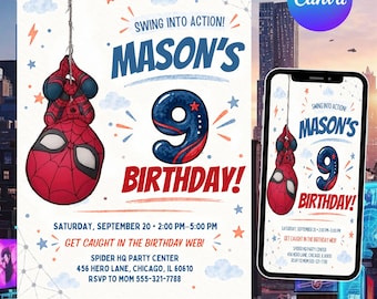 Invitación de cumpleaños de superhéroe araña, invitación de fiesta de cómic en acuarela, cumpleaños de superhéroes para niños, plantilla editable de Canva