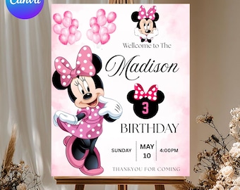 Letrero de bienvenida rosa de Minnie Mouse, póster de bienvenida para fiesta de cumpleaños de Minnie, pancarta de bienvenida de Minnie, texto DIY, descarga instantánea