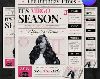 May include: A newspaper-style birthday invitation template titled The Birthday Times. It features black and pink text, a central black and white portrait placeholder, and sections for event details including date, location, and RSVP information.