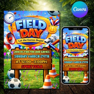Puede incluir: Un vibrante póster digital y una pantalla de teléfono para un día de campo. El póster presenta las palabras "FIELD DAY" en letras audaces y coloridas, junto con gráficos deportivos, un cronómetro y un balón de fútbol. Los detalles del evento se muestran en un letrero de madera.