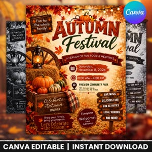 May include: An Autumn Festival event flyer featuring a wooden crate with pumpkins, a lantern, and fall leaves. Text includes Autumn Festival, Saturday, November 8, 2026, 11:00 AM - 4:00 PM, Pineview Community Park, 789 Harvest Lane, Greeneville, TX 75402.