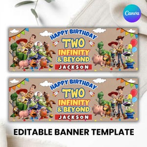 Puede incluir: Plantilla de banner de cumpleaños para dos años con personajes de una película de animación popular. El banner dice "Happy Birthday Two Infinity & Beyond Jackson". El banner es marrón con ilustraciones y texto coloridos.