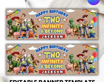Pancarta de cumpleaños "Dos infinitos" inspirada en juguetes, pancarta para fiesta de segundo cumpleaños, decoración de cumpleaños de vaquero espacial, letrero "Dos infinitos y más allá"
