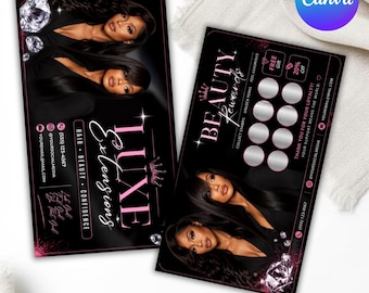 Plantilla de tarjeta de fidelización de belleza, tarjeta de recompensas para salones de belleza, tarjeta de fidelización para uñas, pestañas y cabello, tarjeta de presentación editable en Canva, descarga digital.