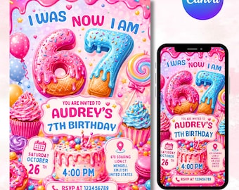 Invitación de 7º cumpleaños, invitación de cumpleaños para niñas, invitación a fiesta de helados, plantilla de Canva para cumpleaños de verano
